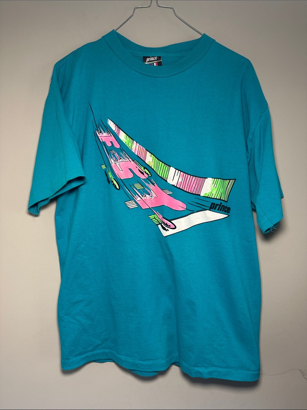 Prince FST vintage teal tennis single stitch with neon pink and green tshirt